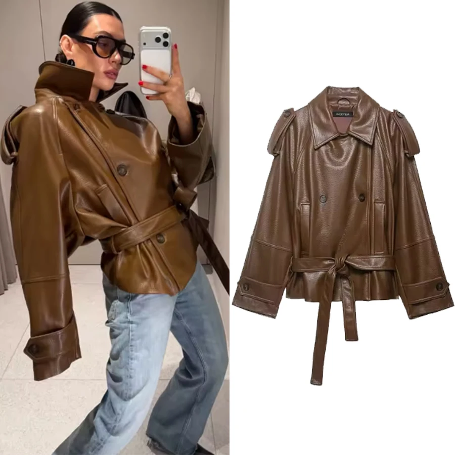 Women Faux Leather Jackets Women's With Belt Coat Outwear Streetwear Fashion Elegant Female Jackets Trench Coat