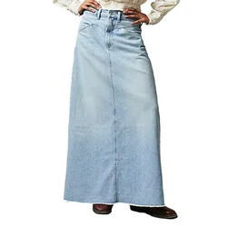 Long Skirts Denim Skirt Women Slim High Waist Straight Casual Jeans Streetwear Elegant Splice Blue Summer Button Pocket 2024