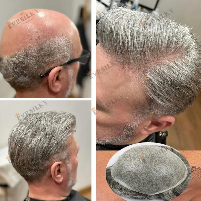 

Undetectable Full Skin 0.02mm Super Invisible Ultra Thin Toupee Microskin Men's Wig Natural Hairline #1B80 Gray Wave Human Hair