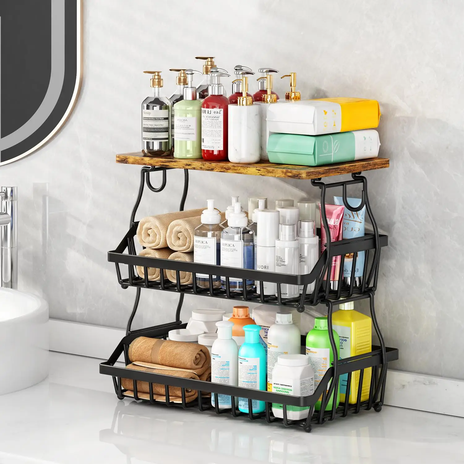 3 Tier Metal Wire Fruit Vegetable Basket Kitchen Storage Cart Freestanding Produce Organizer Rack for Onion Potato Pantry Utility Floor Shelf Display Bowl Black view 5