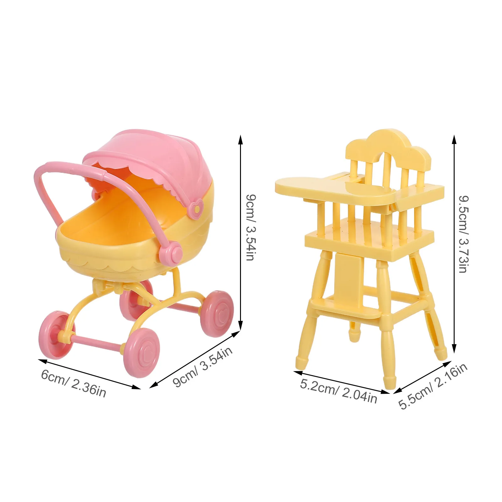 1Set Realistic Miniature Stroller with Highchair Dollhouse Nursery Accessory Set for Pretend Play Space Saving Portable Design