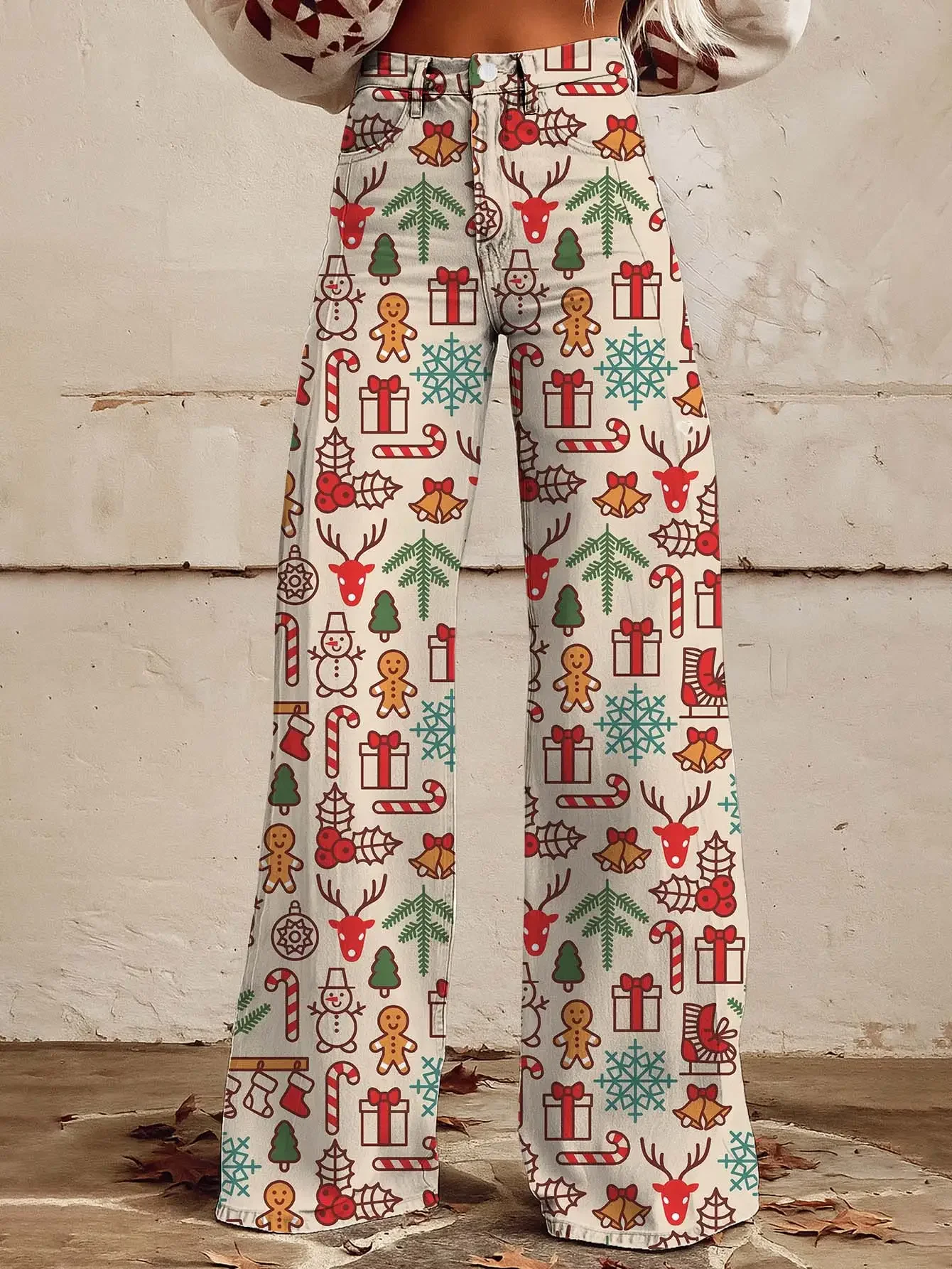 Ladies' new  printed jeans made of imitation denim fabric, Romantic and Sweet Pink White Printed Loose Horn Imitation Jeans