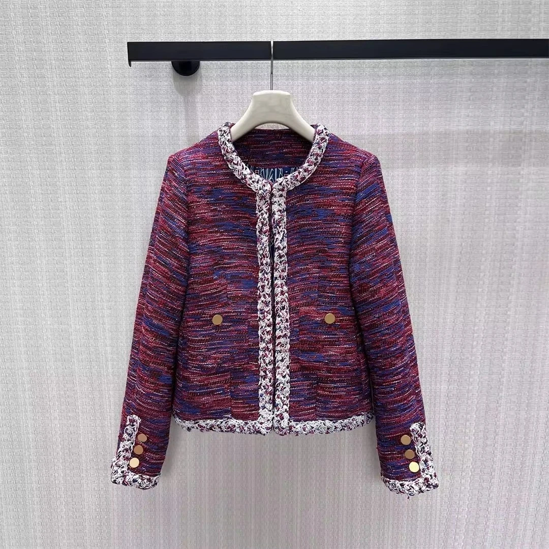 2026 New Autumn Fashion Elegant Woven Tweed Jacket Women O-neck Long Sleeve Metal Buttons Pockets Print Lining Vintage Coat