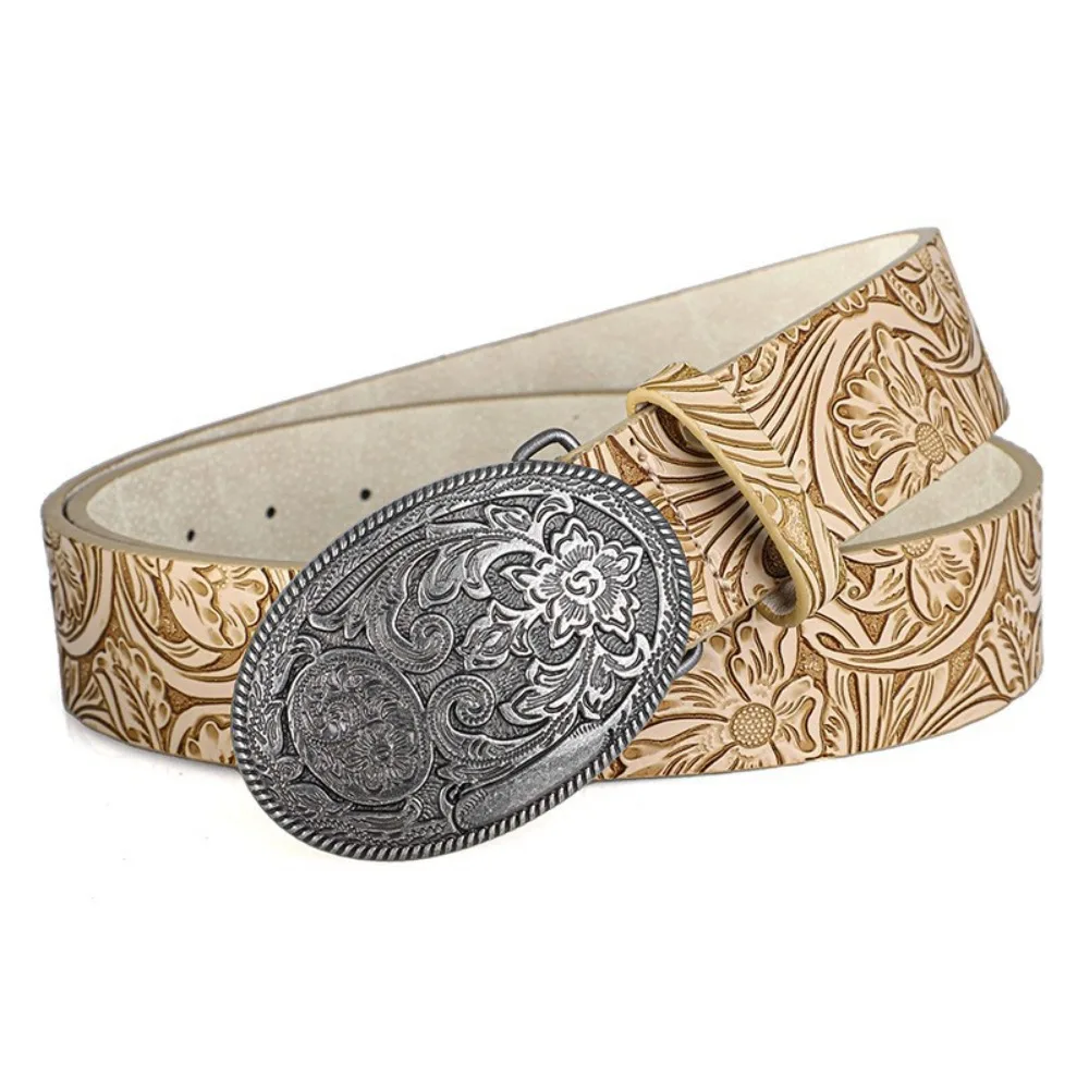 

Fashion PU Leather Western Cowboy Belt Vintage Punk Rock Waistband Y2K Retro Carved Buckle Embossed Belt For Man Women