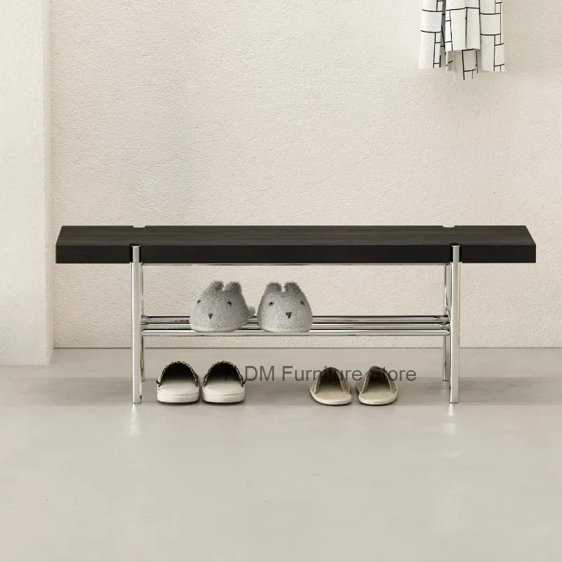 Simple Top Shoe Bench Polished Metal Frame Slatted Shoe Storage Rack Solid Wood Entryway Shoe Changing Stool for Home Organizer