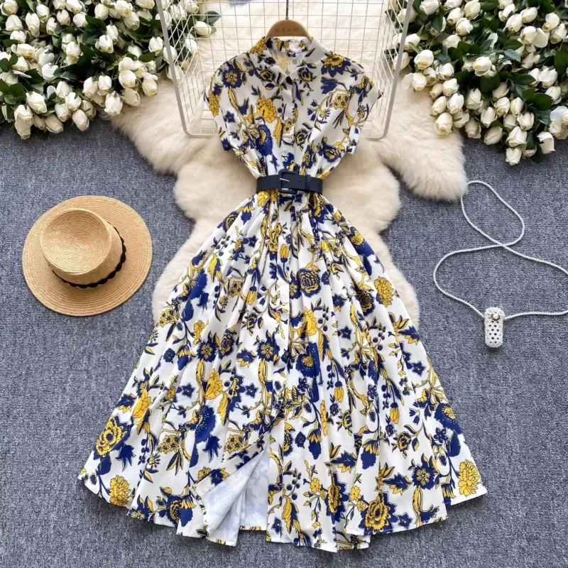 Women Vintage Lapel Collar Midi Shirt Dress Summer Short Sleeve Pleated Jungle Print Belted Retro Runway Style Casual Party