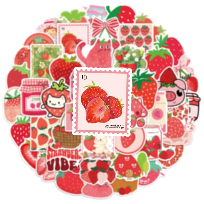 10/30/50PCS Cartonn Strawberry Sticky PVC Sticker Aesthetic Decoration Scrapbooking DIY Hand Accounting Supplies for Kids