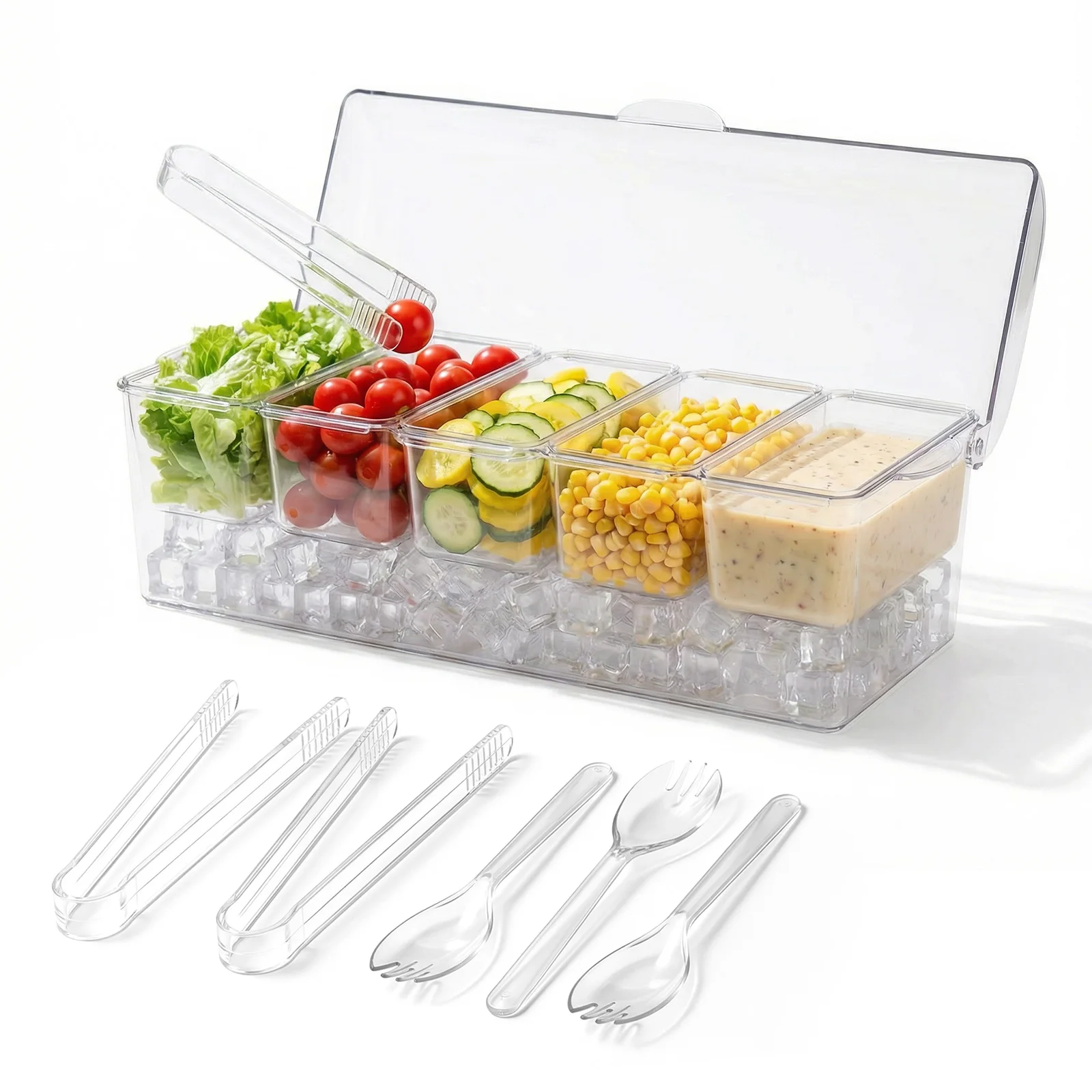 5 Compartment Ice Chilled Condiment Case Cooled Seasoning Box Fruit Plate Dishes Server Tray Removable Salad Snack Container