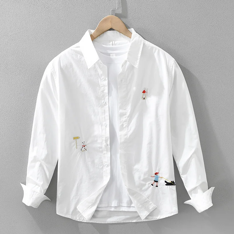 

Men's Fresh Long Sleeve Shirt Fashionable Cartoon Pattern Embroidered Artistic British Style Pure Cotton Cargo Work Shirts Tops