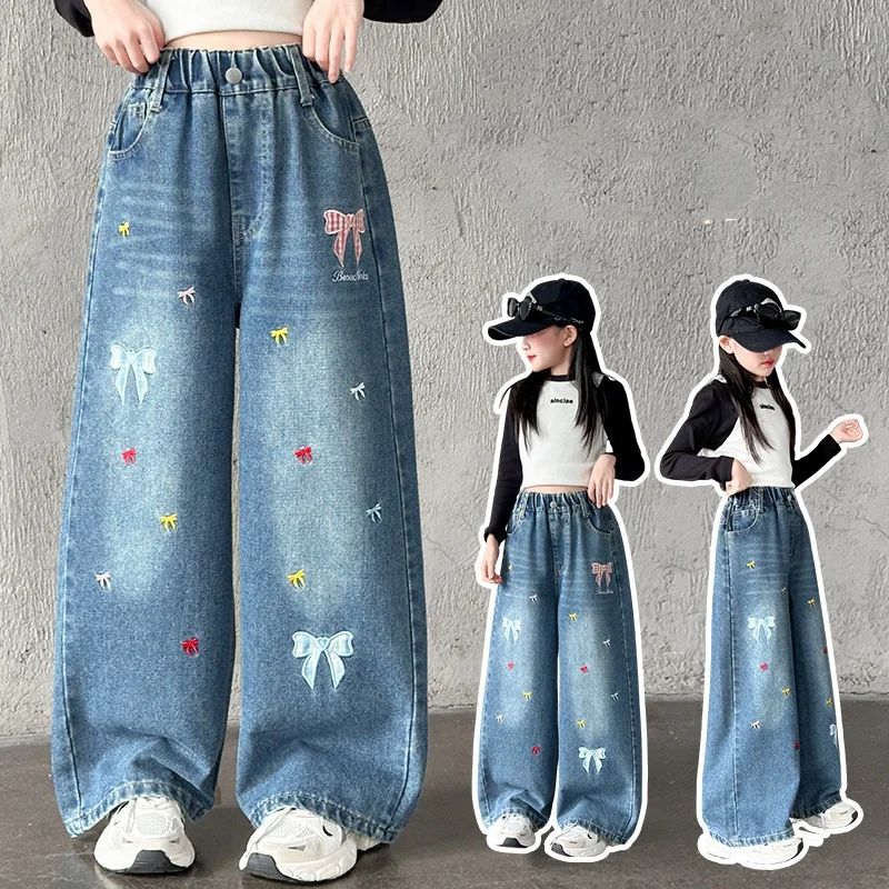Trendy Street Style Wide Leg Jeans for Girls with Bow Print Children's Fashion Denim Pants Autumn Collection for Ages 4-14
