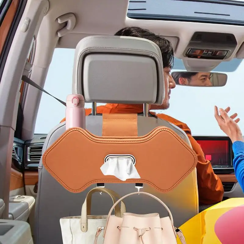 

Back Seat Organizer Bag For Car PU Leather Tissue Storage Box Headrest Seat Organizer Car Organizer Double Hooks Car Accessories