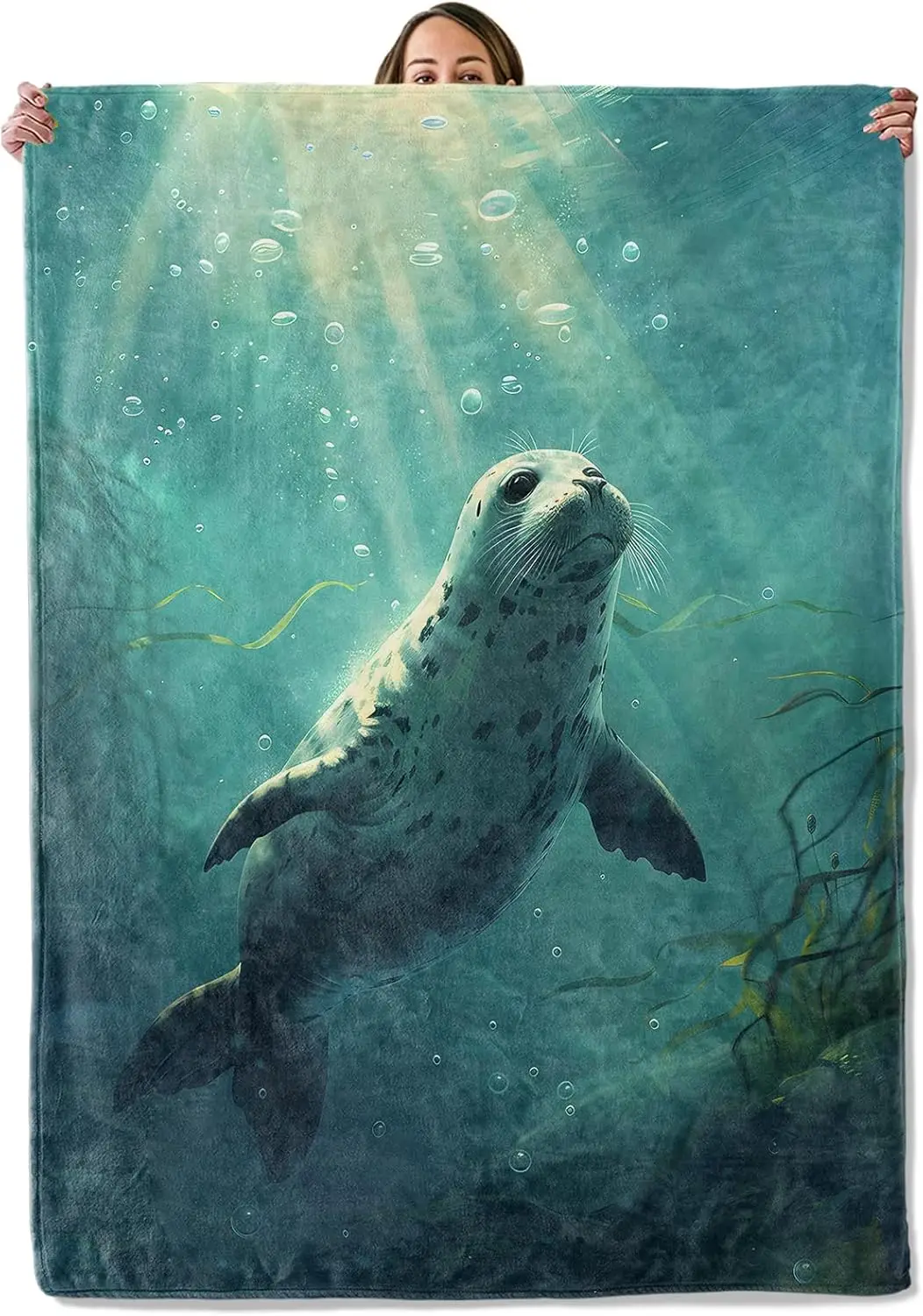 Seal & Ocean Fleece Throw Blanket, Marine Life Gift for Animal Lovers, Coastal Decor for Bedroom Couch, Soft Camping Blanket