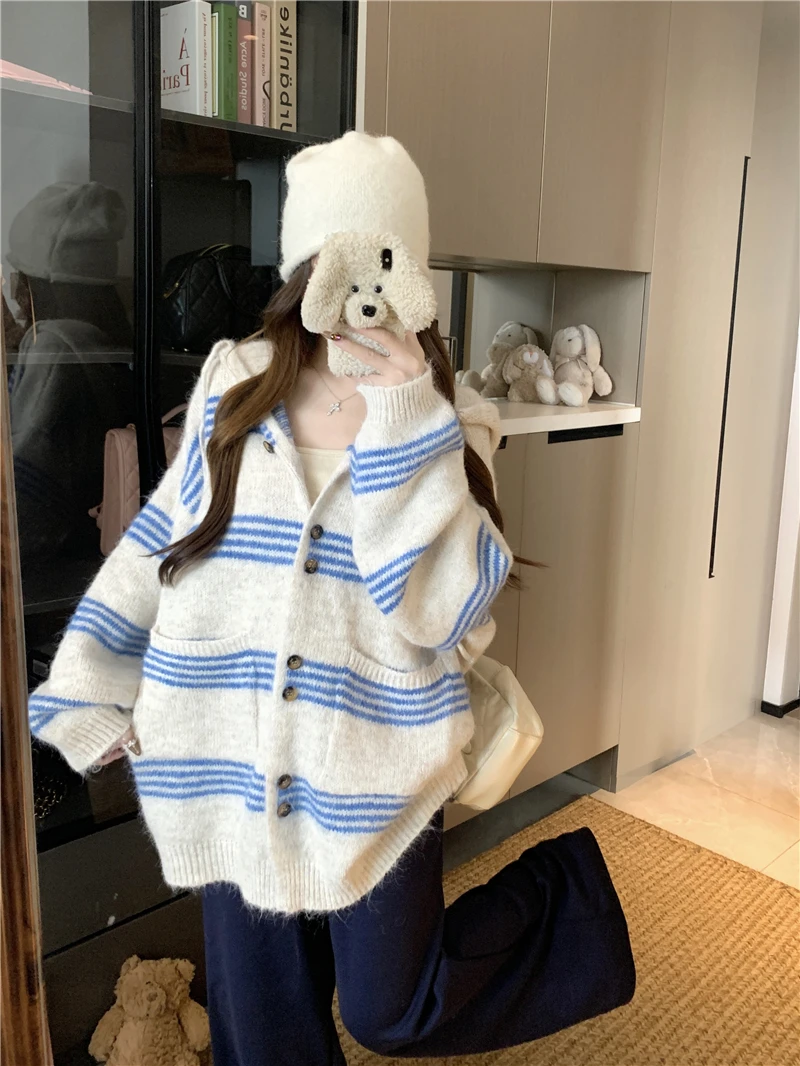 

Off Lazy Sle Color Blo Striped Hoodie Sweater Jaet Women's Autumn Long Loose Casual Knitted Outerwear