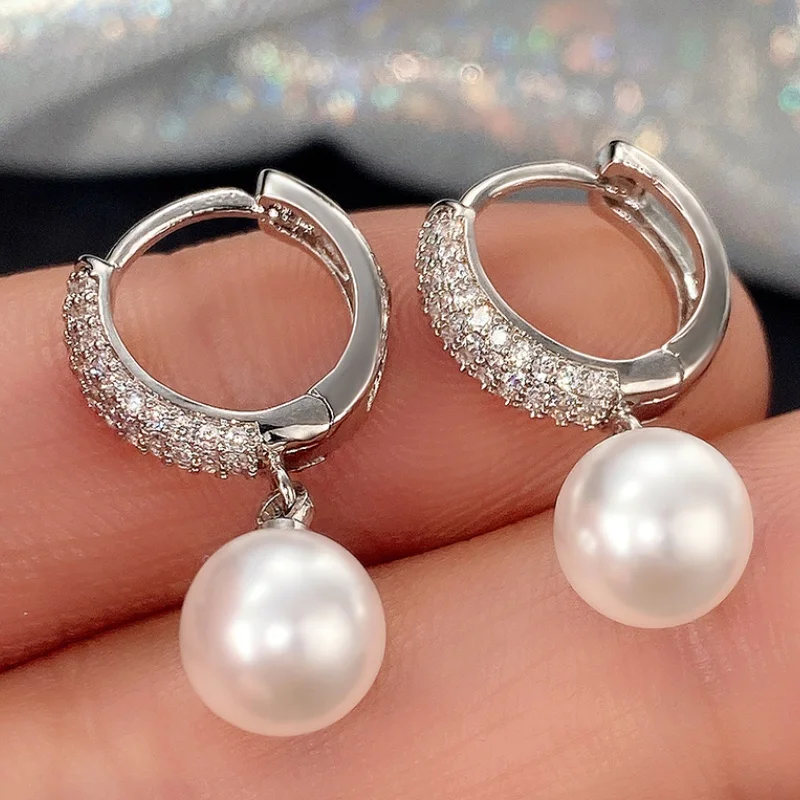 Luxury Fashion Pearl Micro Pave Zircon Hoop Earrings for Women Drop Earring Casual Party Birthday Gift Jewelry Pendientes Mujer