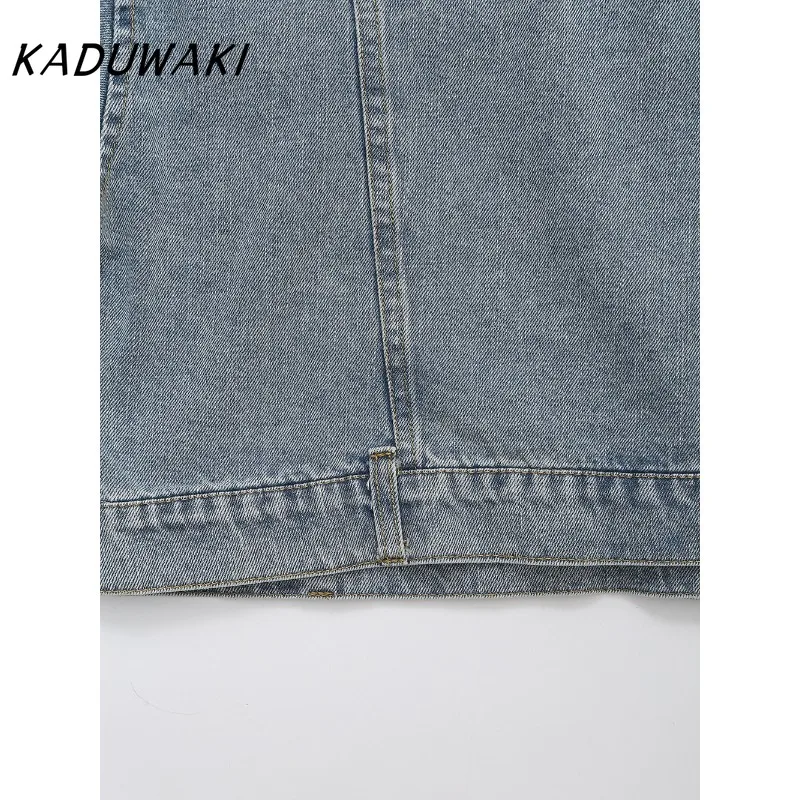 KADUWAKI Fashion Classic Lapel Long Sleeve Faux Denim Tops Casual Trend Pleated Single Breasted Pocket Denim Coat Пальто Женское