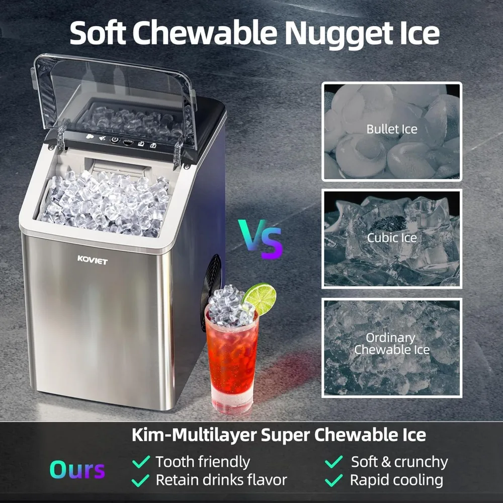 Nugget Ice Maker Countertop, 40lbs/24H Tooth-Friendly Soft Chewable Pebble Ice Machine, Self-Cleaning with Drainpipe, Crushed