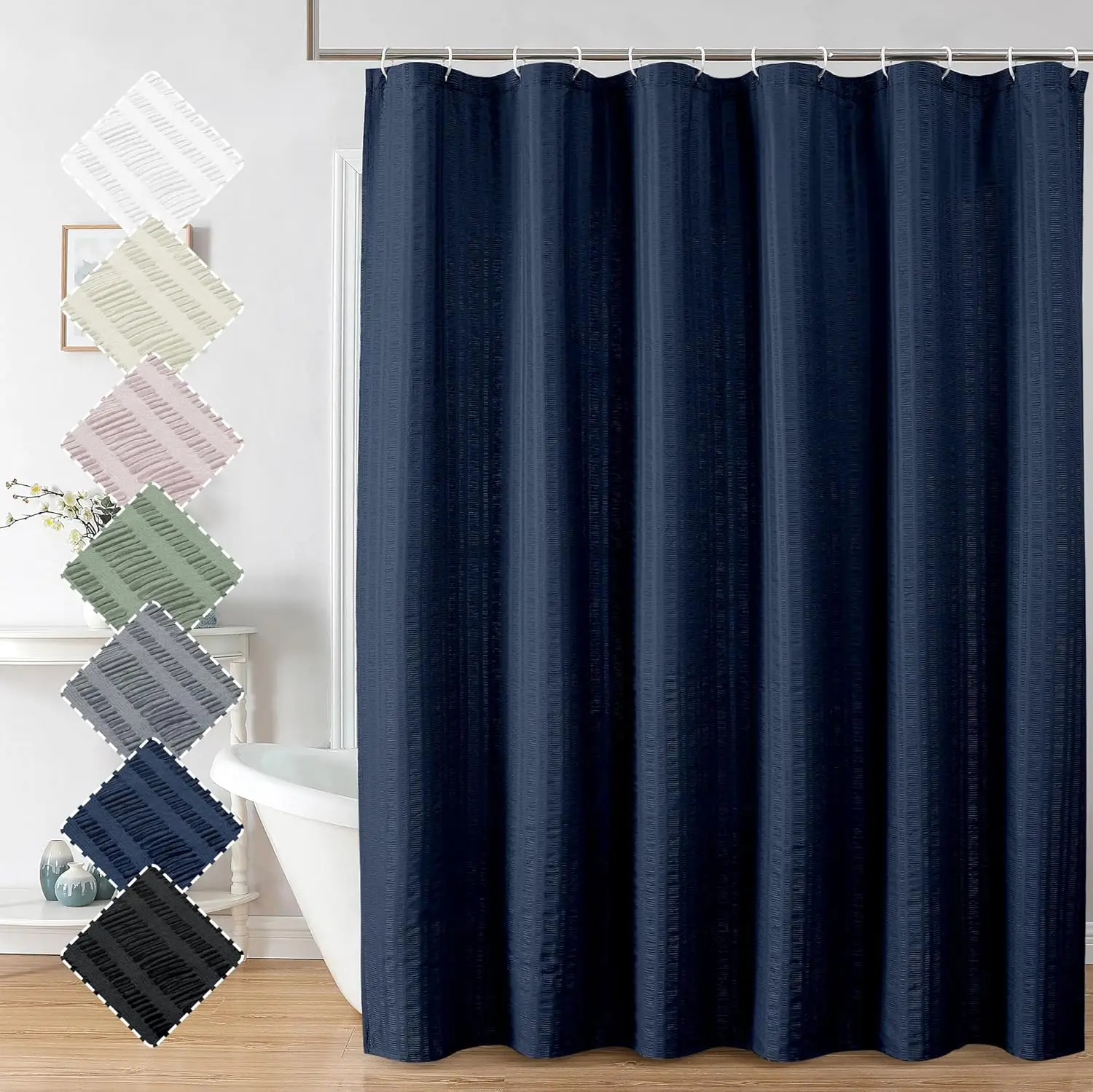 

Navy Blue Fabric Shower Curtain for Bathroom - Polyester Cloth with 12 Holes, 72x72, Machine Washable