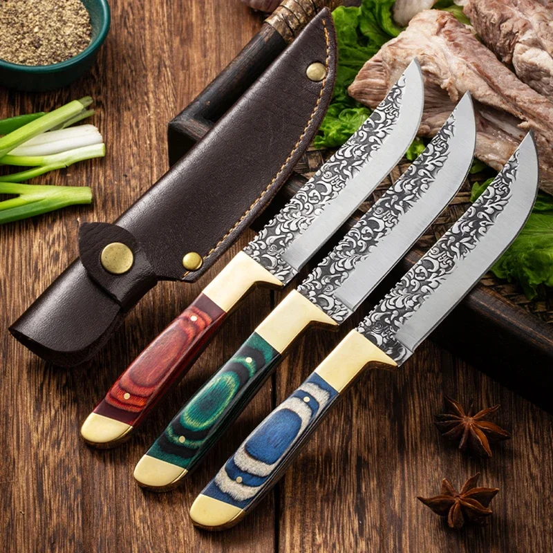 Forged Boning Meat Cleaver Knife Stainless Steel Mongolian Kitchen Hand Meat Fruit Knife Roasted Lamb Steak Knife with Cover