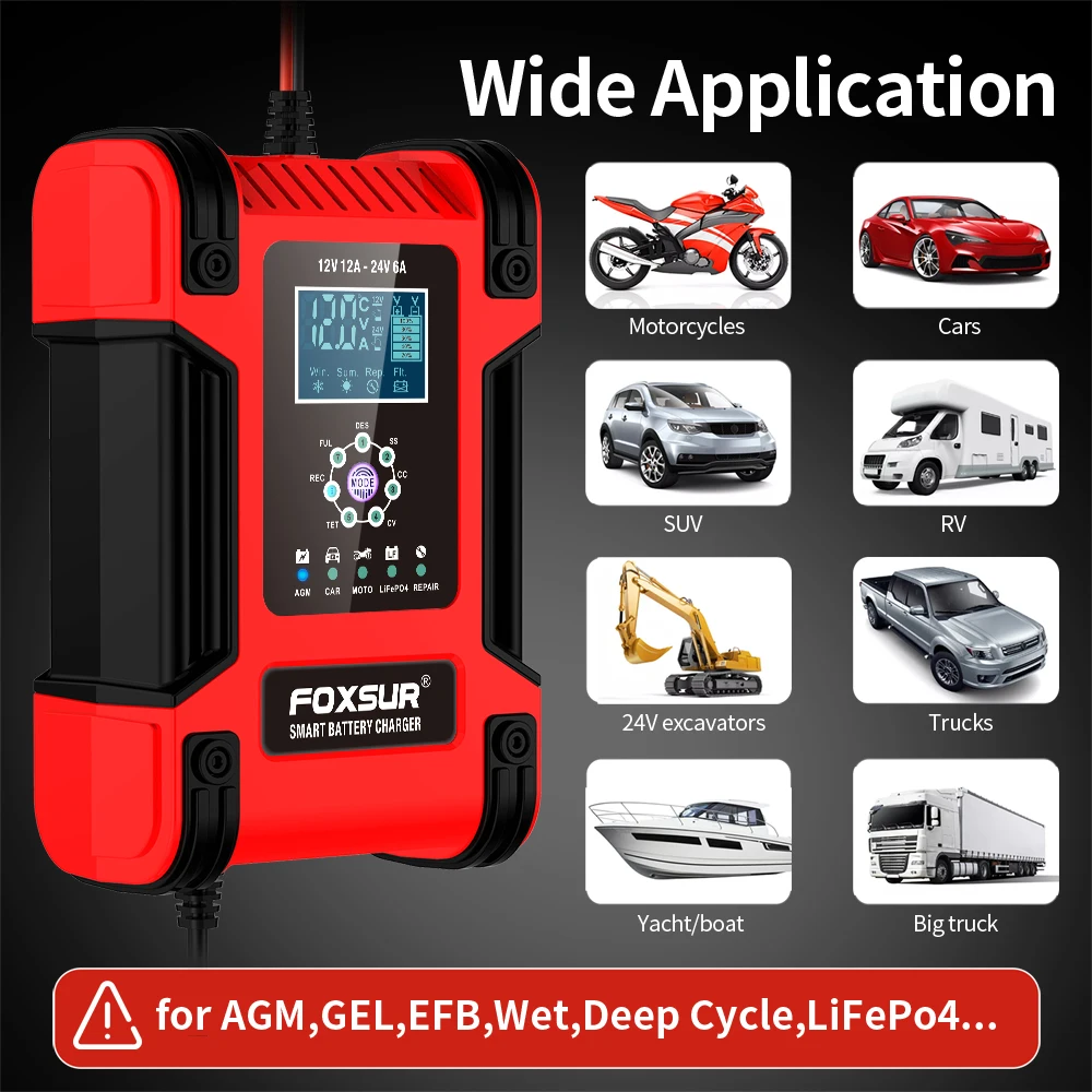 FOXSUR 12V 24V Full Automatic Car Battery Charger with Digital Display Pulse Repair Chargers For Lead-Acid LiFePO4 AGM GEL