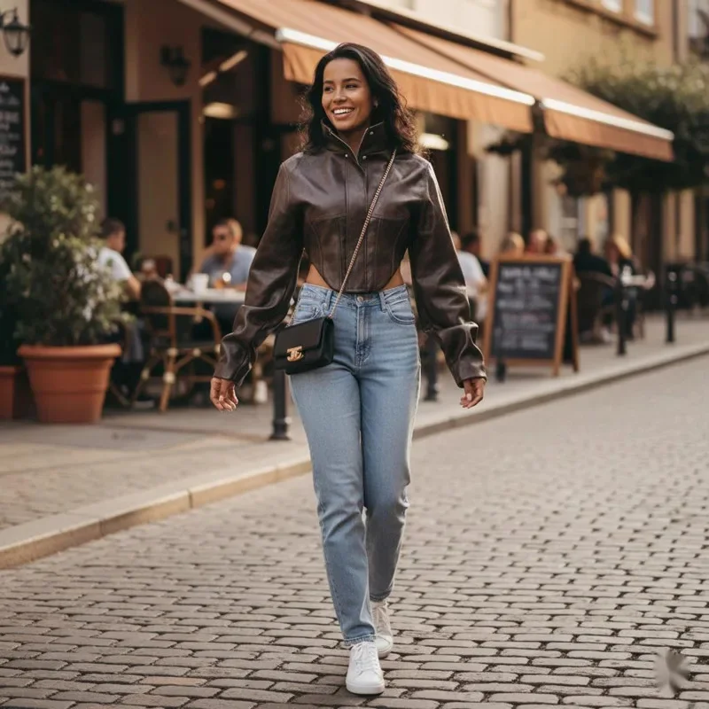 Vintage Women's Cropped Faux Leather Jacket With Stand Collar And Balloon Sleeves In Biker Style For Chic All Streetwear Outfits