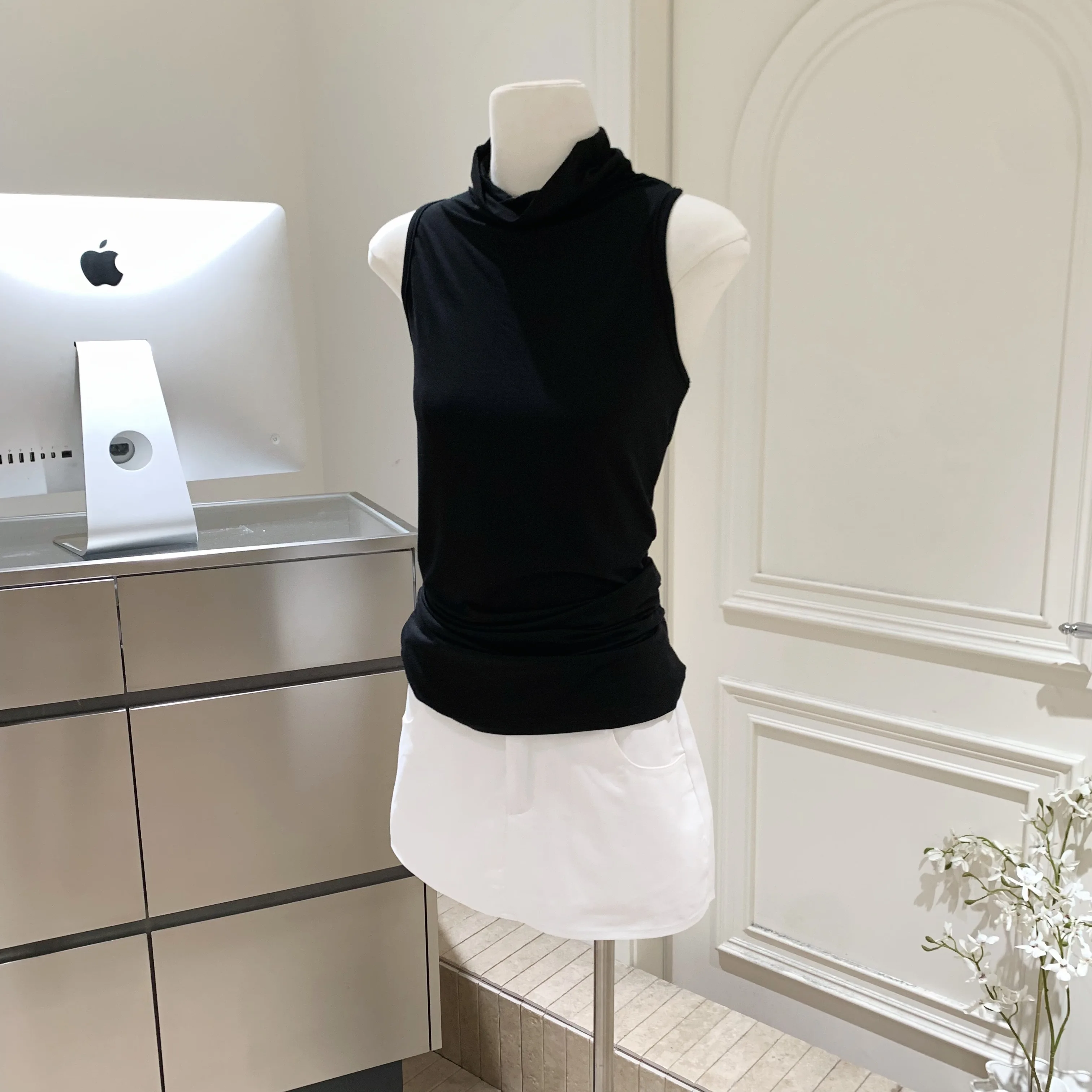 Women's Summer Chic Irregular Back Knot Turtle Neck Tank Top Lady Streetwear Solid Color Pullover Sleeveless Top