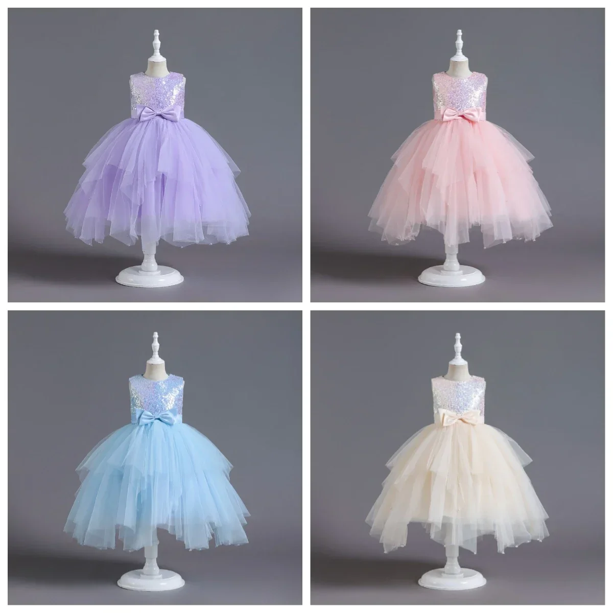 

Girls Purple Sequin Tulle Dress with Bow Kids Formal Gown for Wedding Children Festival Parties Family Celebration Events BX35