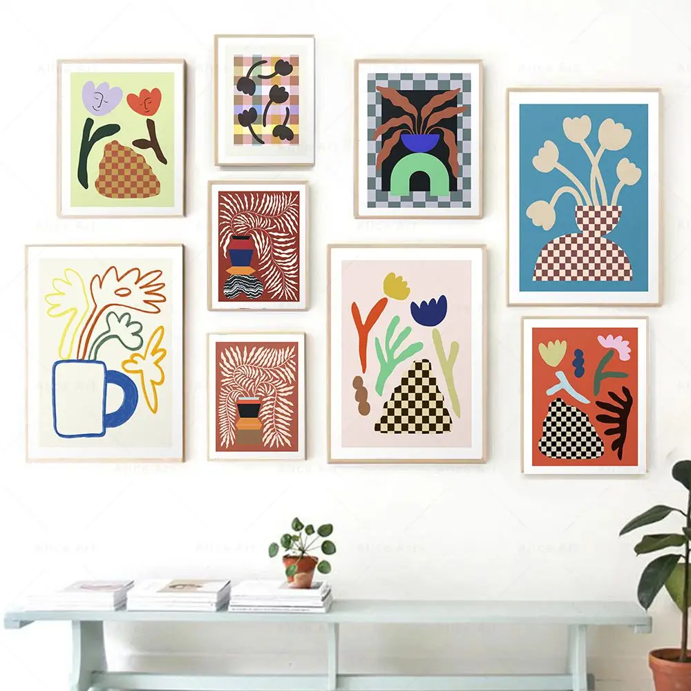 1PC  Abstract Colorful Vase Flower Poster Curve Leaves Plant Wall Art Print Canvas Painting Nordic Picture For Living Room Ho
