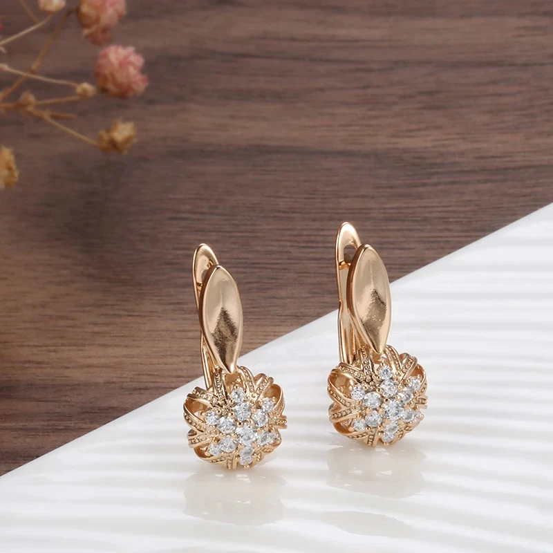 Wbmqda Luxury Crystal Flower Drop Earrings Ring For Women 585 Rose Gold Color With Natural Zircon Classic Ethnic Jewelry Sets