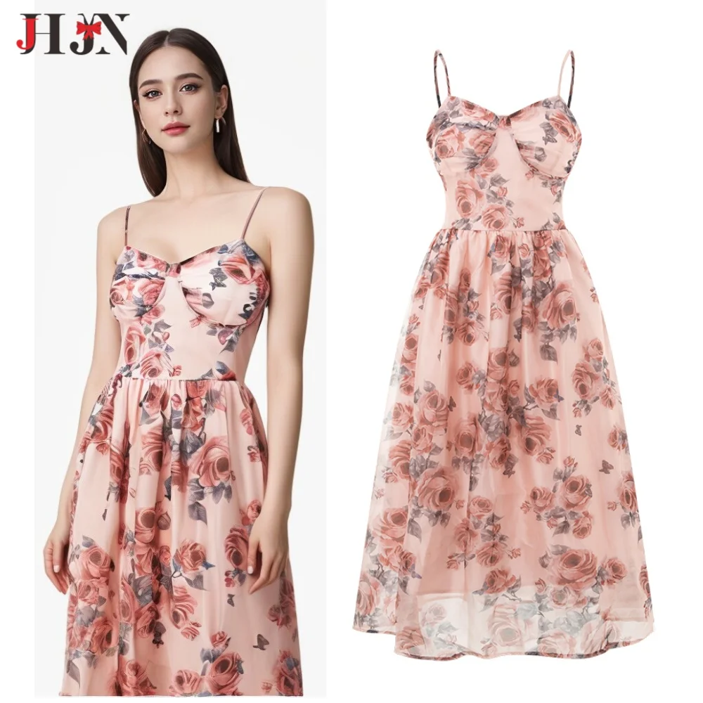 New Style Women Suspender Dress Rose Printing Longuette Beach Style Frock Fold Tops Hotsweet Girl Clothing 2024 Hot Selling