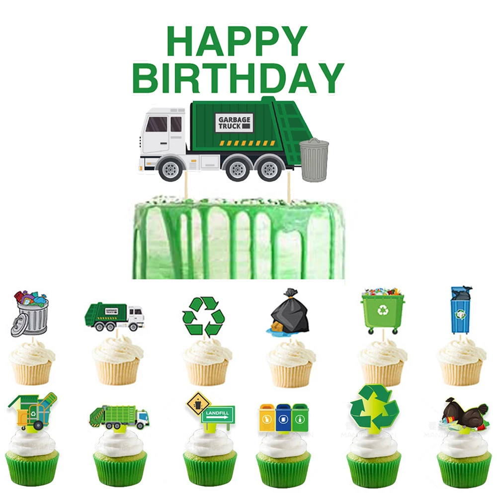 Garbage Truck Cupcake Toppers Trash Can Garbage Truck Birthday Party Supplies Happy Birthday Trash Truck Cake Decorations