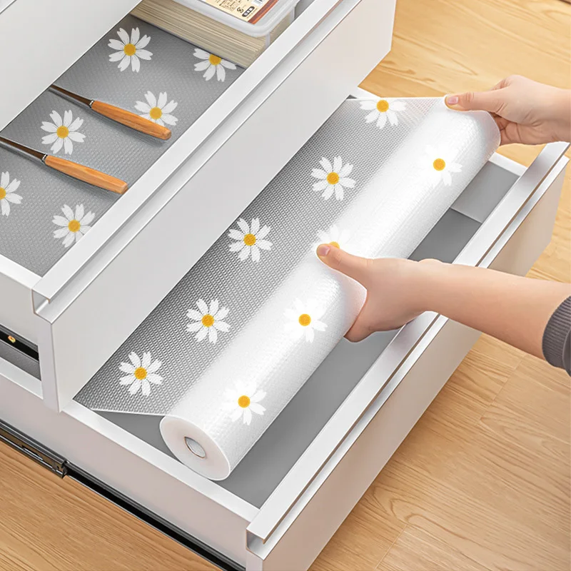 1 Roll Daisy Shelf Liner For Kitchen Cabinets PEVA Waterproof Fridge Pad Cupboard Mat Easy Placemats Non-Adhesive Drawer Liner