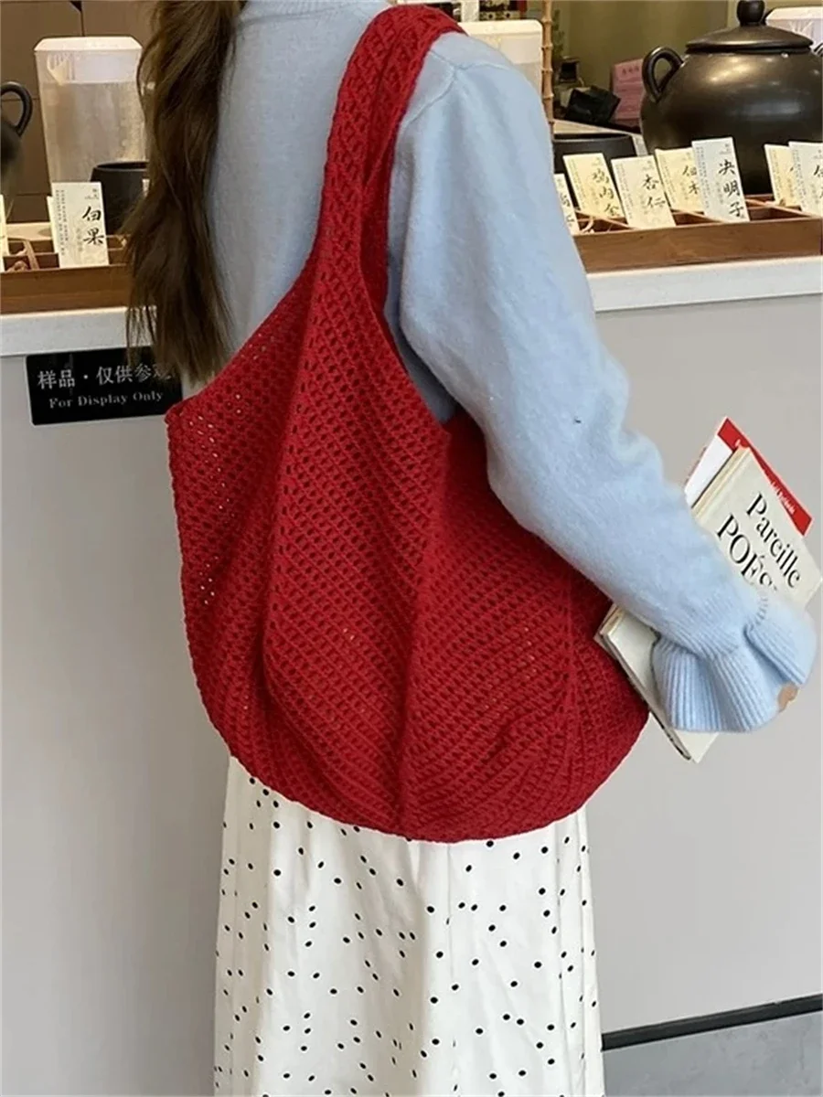 

Hollow Mesh Shoulder Bag Women's Korean Style Vacation Travel Wove Tote Bags