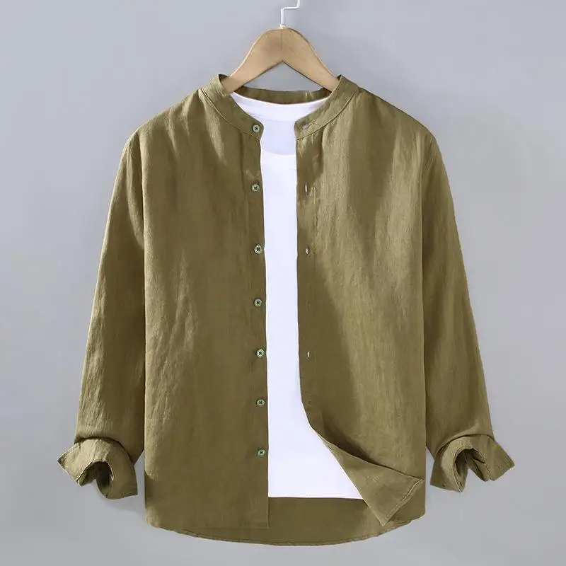 

Linen Mens Long Sleeve Shirt Seasonal Stand up Collar Deform Resistant Thin Summer Pure Color Casual Business Inner Wear