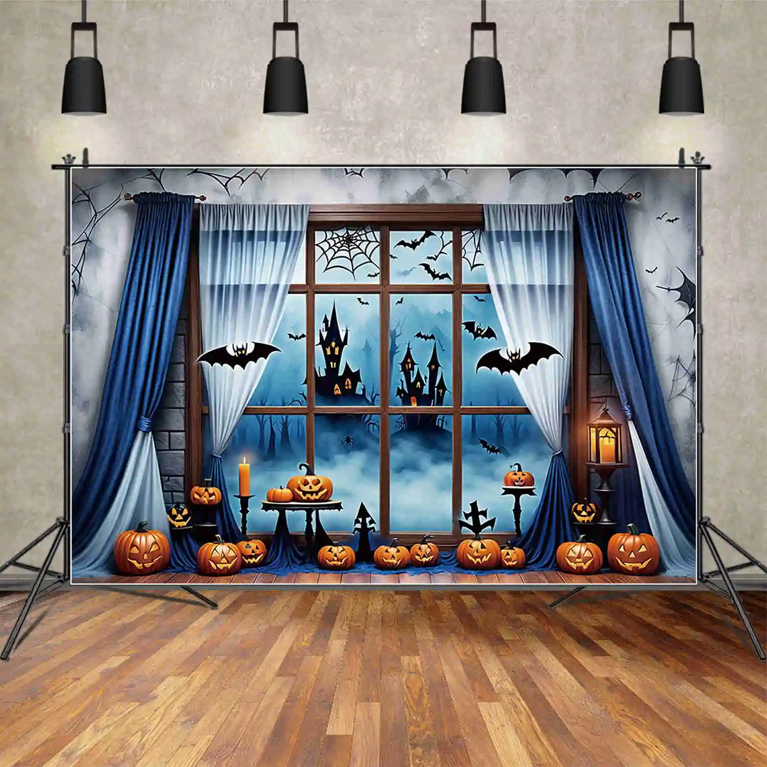 MOON.QG-cortina de fondo de Halloween para niños, telón de ventana de Jack-o-linterna, decoraciones de fiesta personalizadas, accesorios para sesión fotográfica