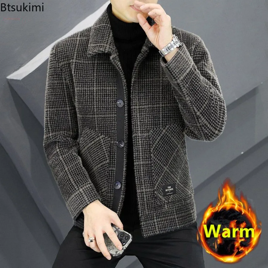 2025 New Men's Business Casual Woolen Jacket Autumn Winter Thickened Warm Plaid Slim Lapel Button-up Coats High-end Men Clothing