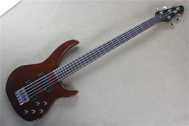 Flyoung 5 Strings Flame Maple Top Electric Bass Guitar with Chrome Hardware,Offer Customize