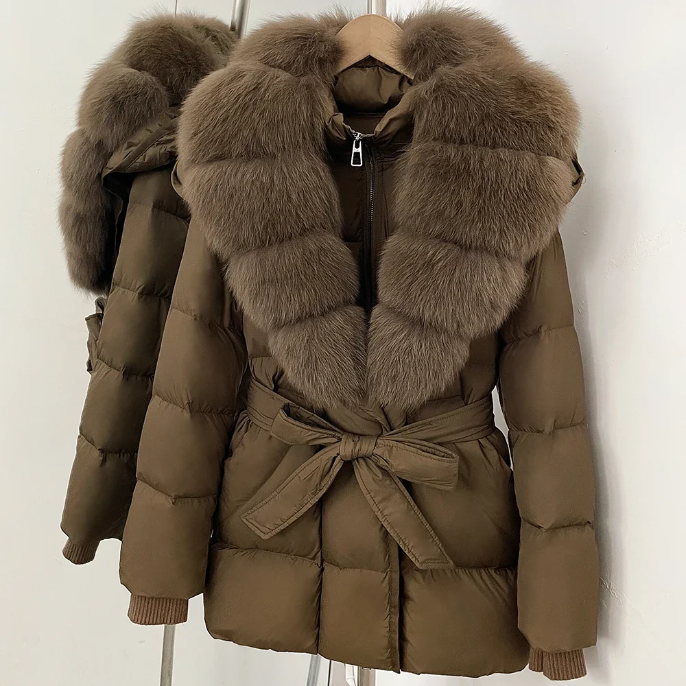 OFTBUY Große Jacke mit Kapuze und natürlichem Pelzkragen, mit echtem Fell, dicker Gürtel, Reißverschluss, Daunenjacke, Damen-Wintermantel – Detail 33