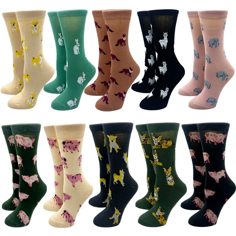 2023 New Harajuku Women Socks Cute Cartoon Animal Print Dog Cat Fox Elephant Rabbit Women's Mid-Calf Cotton Socks Funny Socks