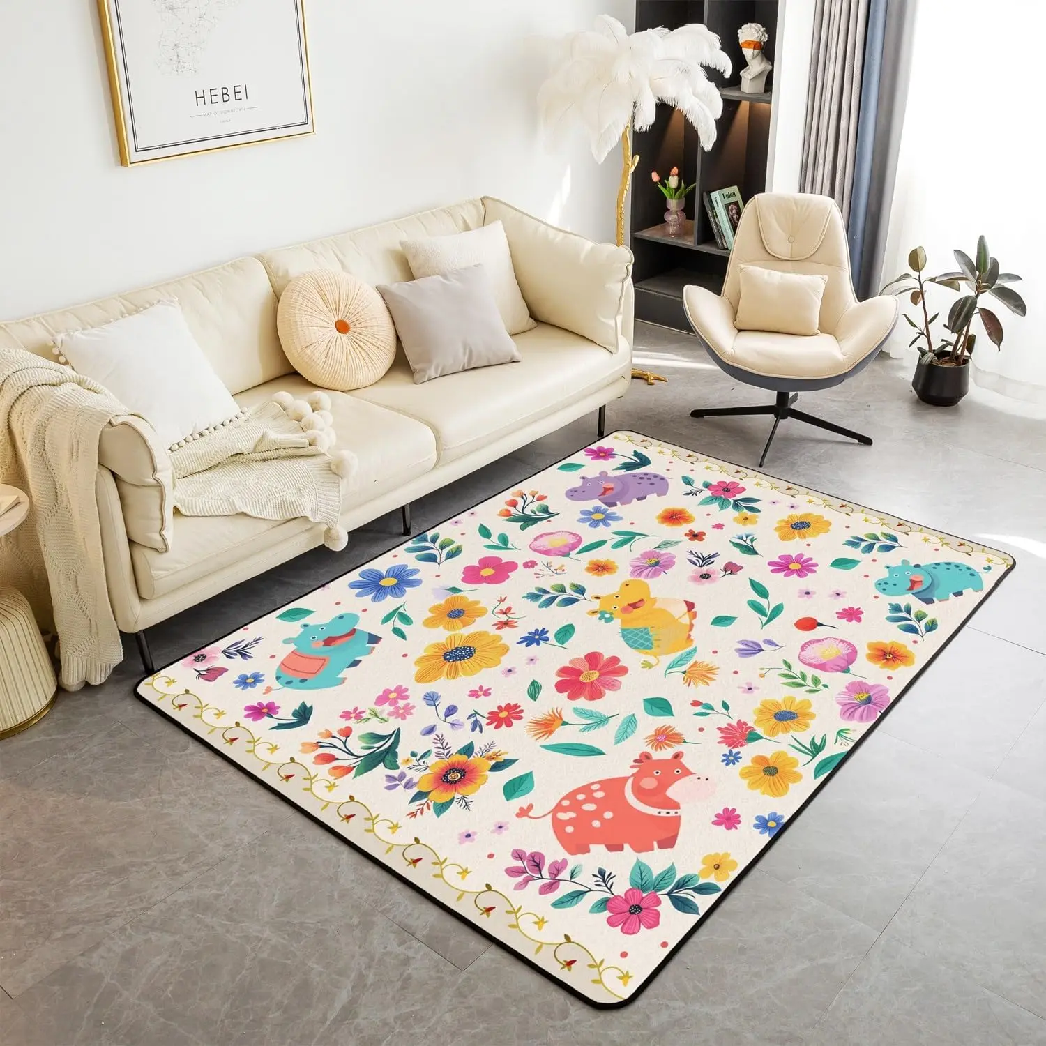 

Cute Hippo Area Rug, Kawaii Animals Non Shedding Rectangular Carpet, Cartoon Wildlife Printed Kids Teens Indoor Floor Mat for