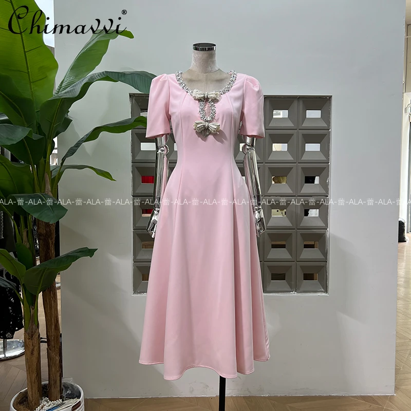 

French Elegant Celebrity Pearl Diamond Bow Crew Neck Short Sleeve High Waist A-line Solid Color Long Evening Party Dress Women