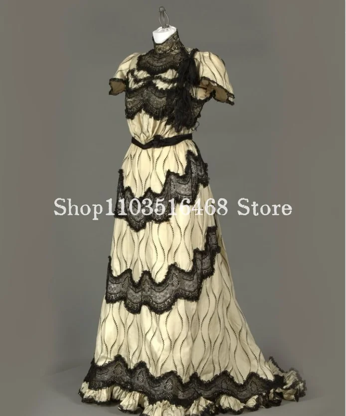 1840s Mid Century Prom Dress High Neck Lace Short Sleeve Black and White Prom A-Line Floor Length Evening Gown