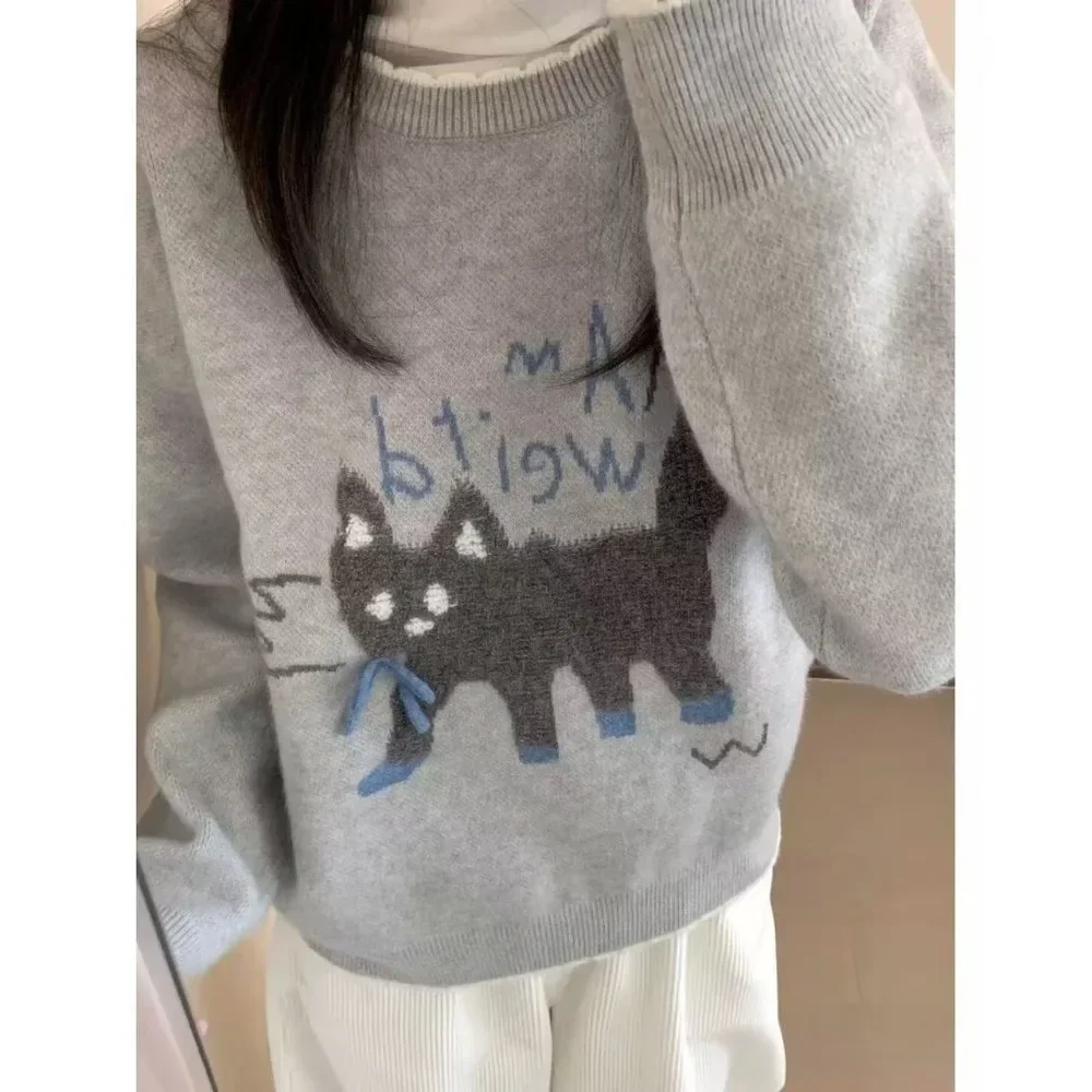 Chique gatinho gato engraçado personalizado jacquard camisola jumper inverno topos coreano pulôver doce preppy estudantes meninas streetwear