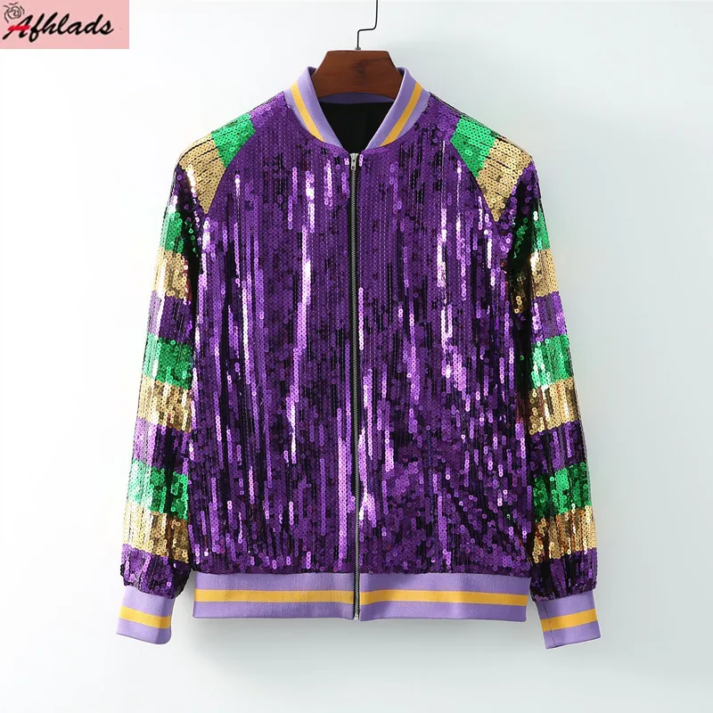 Runway Autumn Striped Patchwork Color Long Sleeve Jacket Women Hip Hop Stand Collar Zipper Sequins Streetwear Outerwear Coat