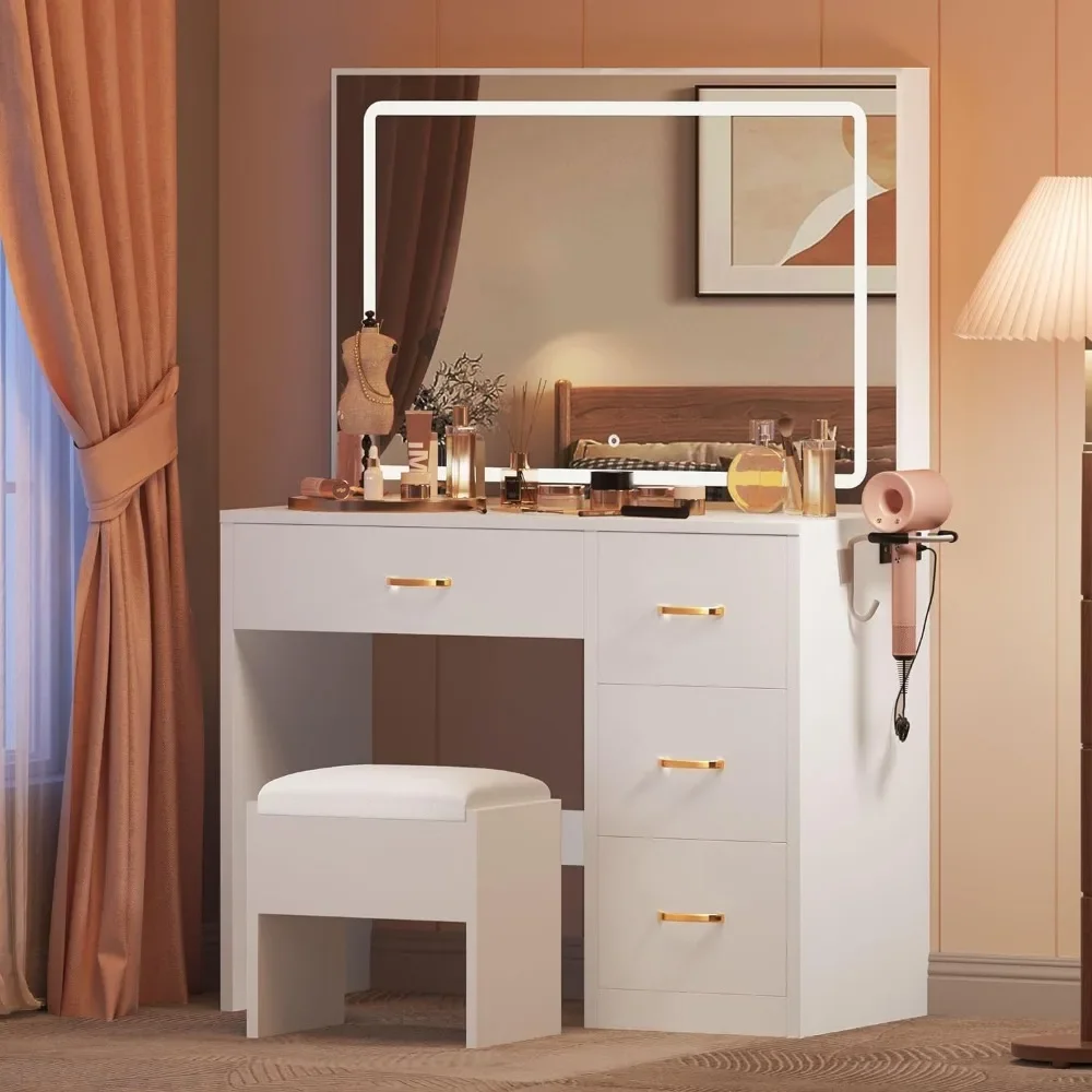 

Dressers for Bedroom Milky-White Storage Makeup Vanity Desk With Large Lighted Mirror With Power Outlet and LED Strip Furniture