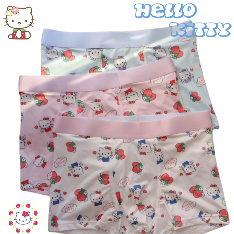 Hello Kitty Kawaii Strawberries Men Underwear Anime Cartoon Cute Printing Boxers Summer Cool Breathable Ice Silk Boyfriends Gift