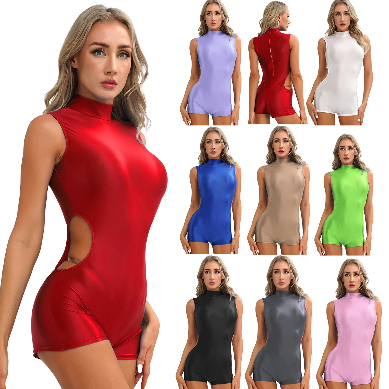 Women Glossy Bodysuit Side Cutout Sleeveless Bodysuit Mock Neck Back Zipper Tight Short Swimsuit for Fitness Exercise Workout