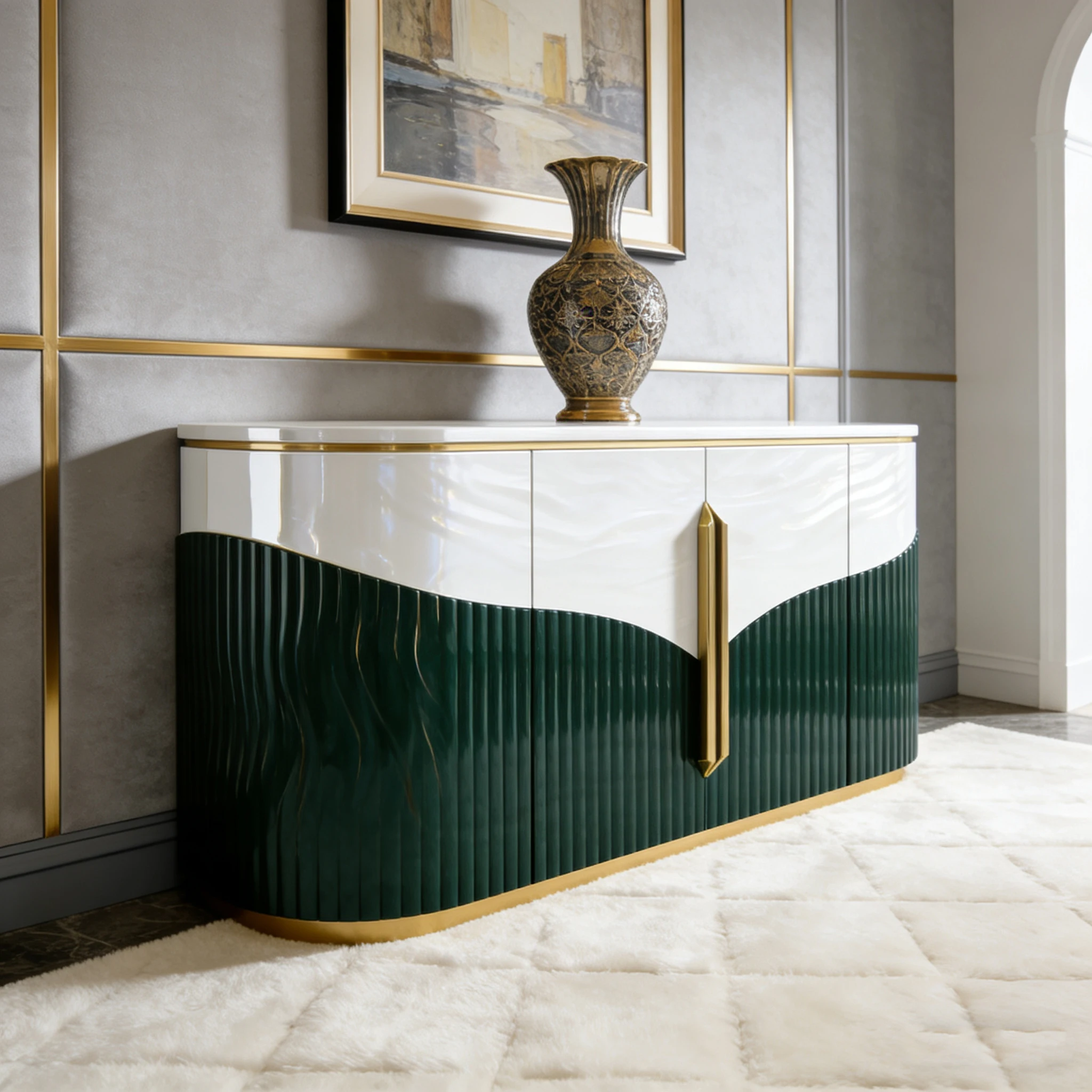 Y*-Modern Curved 4-Door Sideboard with Wave Color Block Design Spacious  for Home Dining Room