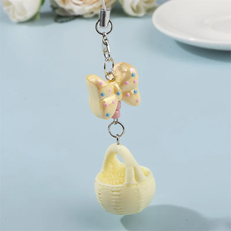 New 3pcs/set Cute Colorful Bow Phone Chain Bag Pendant Small Basket Mobile Phone Chain Beaded Pendant Keychain Jewelry Gifts view 3
