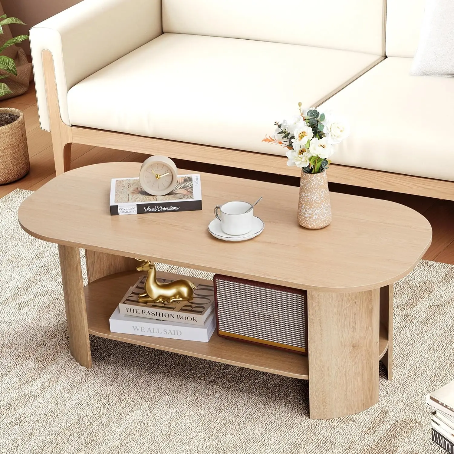 43.3” Oval Coffee Tables For Living Room, Wood Farmhouse Coffee Table With Storage, 2-Tier Center Table With Storag