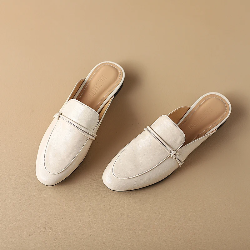 Cow Leather Square Toe Women Flats Casual Slippers Women Shoe Without Heel 2024 New Spring Autumn Mules Woman Simple White Shoes